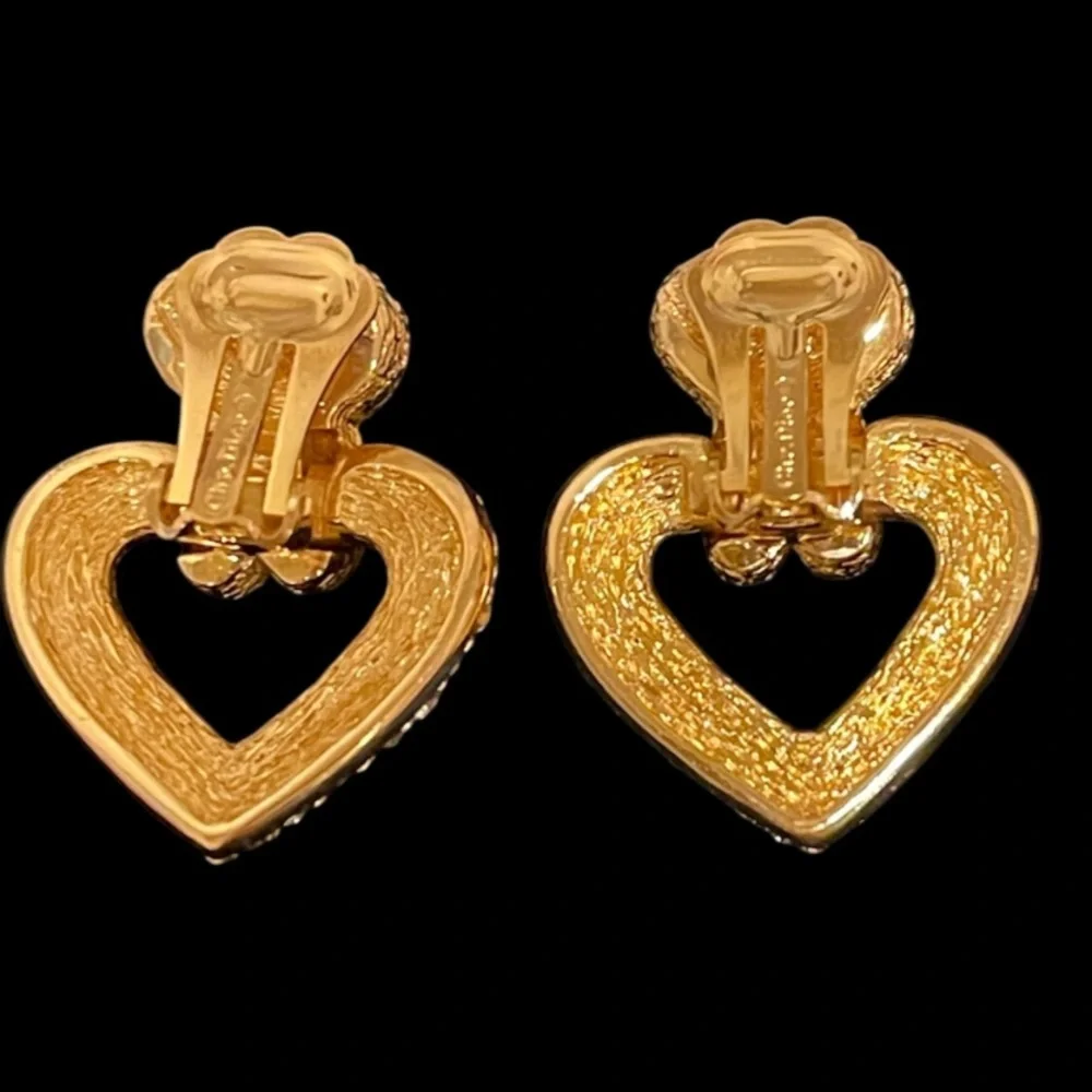 Vintage Christian Dior Gold Pavé Heart Clip-On Earrings